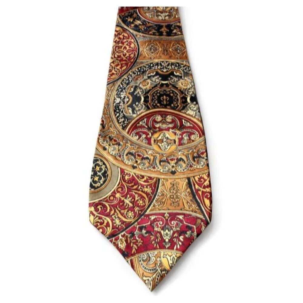 Je Suis 100% Silk Tie Gold Burgundy Baroque Medallion Print Necktie